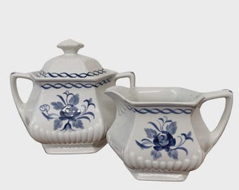 Adams English Ironstone Creamer and Covered Sugar Bowl, Baltic Blue Pattern