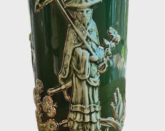 Vintage Green 1960s MCM Ceramic Vase, Hollywood Regency, Chinoiserie