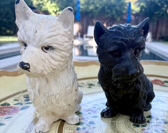 Pair Vintage Chalkware Hollow-Cast Scottie & Westie Pair | 1930s-50s Terrier Figurines | Mantel Decor | Doorstop | Bookends