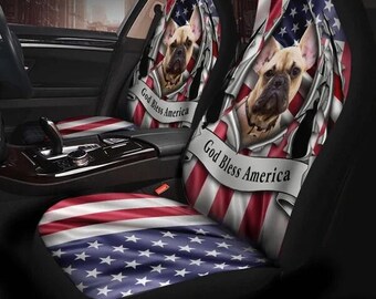 French bulldog inside flag god bless america car seat covers, Dog Cat USA Flag Seat Cover, July 4th Patriotic Set of 2 Car Seat Cover