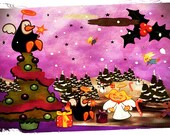 Digital Christmas watercolor print of some happy little penguins, delightful angels and its snowing a Christmas snow