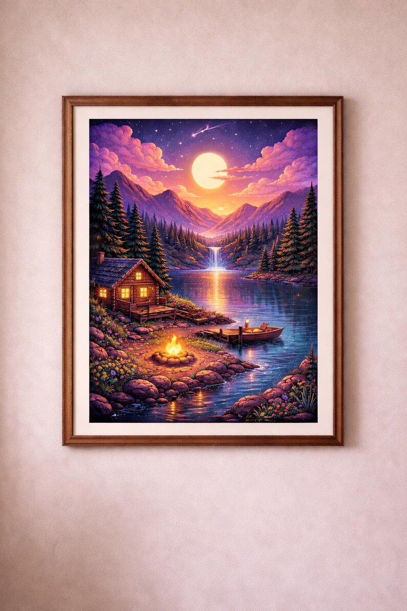 Sunset Cabin Lake Poster Mountain Landscape Wall Art Cozy Cabin Print ...