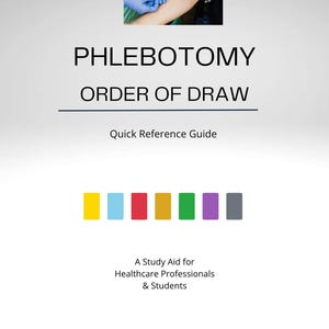 May include: A Phlebotomy Order of Draw Quick Reference Guide study aid for healthcare professionals and students. The document features a photograph of a blood draw, the title text, and a horizontal row of seven colored rectangles: yellow, light blue, red, gold, green, purple, and gray.
