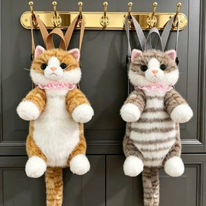 Op de afbeelding: Twee pluche rugzakken in de vorm van een kat hangen aan een gouden kapstok. Eén is oranje en wit, de andere is grijs en wit gestreept. Beide hebben roze rucheskragen en lange staarten. De rugzakken hebben verstelbare bandjes.