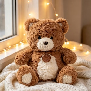 Op de afbeelding: Een bruine teddybeer met een lichtbruine snuit en crèmekleurige accenten op zijn poten en oren. De beer heeft een klein leren label met een berengrafiek. Hij zit op een witte deken bij een raam met lichtslingers.