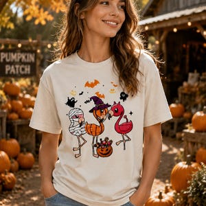 May include: A cream-coloured short-sleeve t-shirt featuring a graphic print of three cartoon flamingos dressed for Halloween. One flamingo is wrapped like a mummy, one wears a purple witch hat, and one is pink. A jack-o'-lantern sits at their feet.