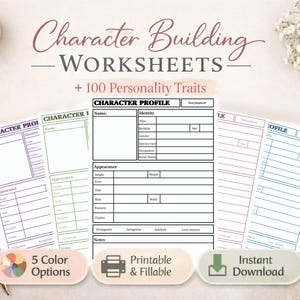 Peut inclure: Feuilles de travail pour la construction de personnages avec plus de 100 traits de personnalité. L'image montre des fiches de profil de personnage avec des sections pour l'identité et l'apparence. Les feuilles de travail sont disponibles en 5 options de couleurs, imprimables, remplissables et en téléchargement instantané.