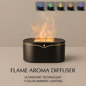 Difusor de aromas con efecto llama, humidificador ultrasónico, luz nocturna LED de 7 colores, efecto de fuego realista.