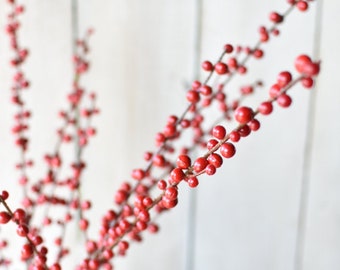 12Pcs Artificial Snowy Red Berry Picks Stems Christmas Frosted Holly Berry Branches Xmas Winter Twig Spray Floral Arrangements Table Centerpieces DIY Crafts 10.6 Tall Red, 12 