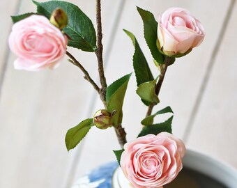 Artificial Camellia Flower Leaf Stem in Champagne Pink or Purple