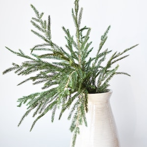 May include: A white ceramic vase with a textured surface holds a sprig of green pine branches.
