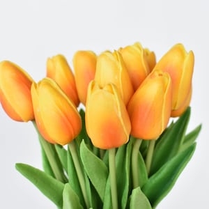 May include: A bouquet of yellow and orange tulips with green leaves tied together with twine.