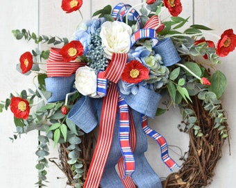 Red Poppy and Eucalyptus Wreath Front Door Hanger Spring Summer