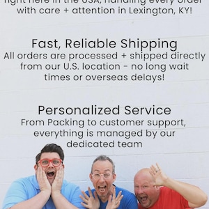 Puede incluir: Imagen promocional con tres personas con expresiones de sorpresa. El texto superior dice "U.S. Based Small Business", "Fast, Reliable Shipping" y "Personalized Service".