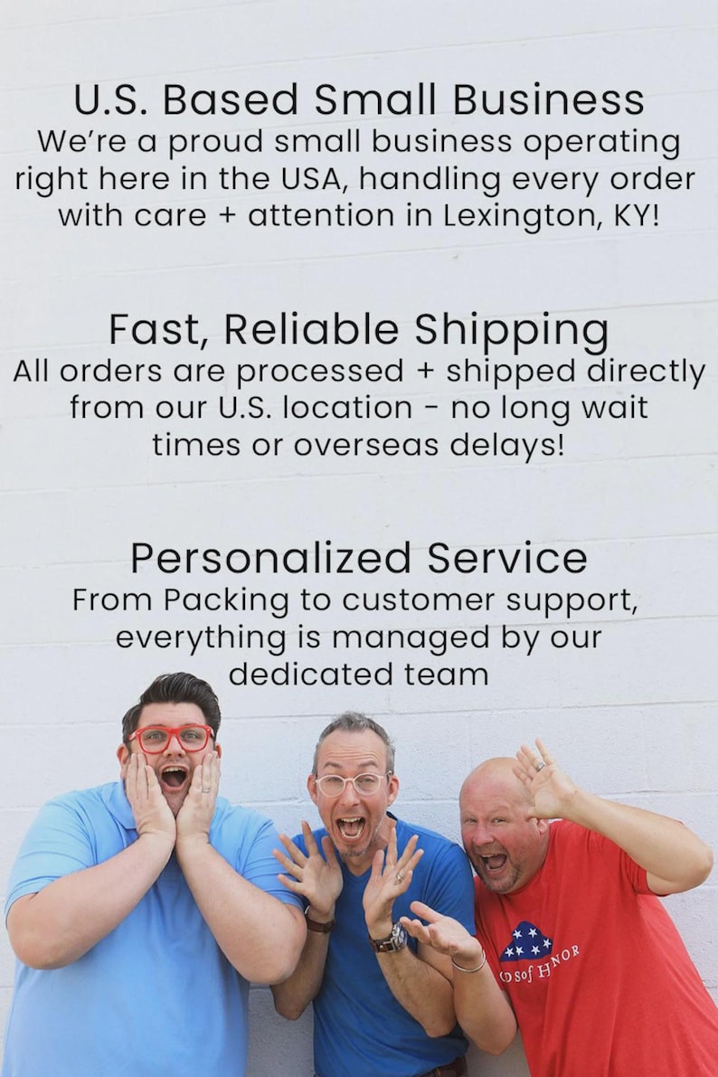 Puede incluir: Imagen promocional con tres personas con expresiones de sorpresa. El texto superior dice "U.S. Based Small Business", "Fast, Reliable Shipping" y "Personalized Service".