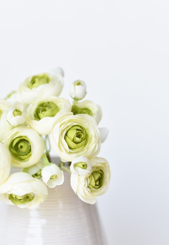 10.5" Faux White Green Ranunculus Bundle | artificial floral silk
