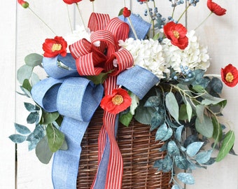 Red Poppy and White Hydrangea Basket Front Door Hanger Wreath Spring Summer