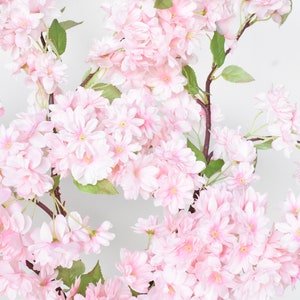 Puede incluir: Primer plano de ramas de flores de cerezo artificiales con racimos de flores de color rosa p&aacute;lido y hojas verdes. Las ramas son de color marr&oacute;n oscuro y el fondo es blanco.