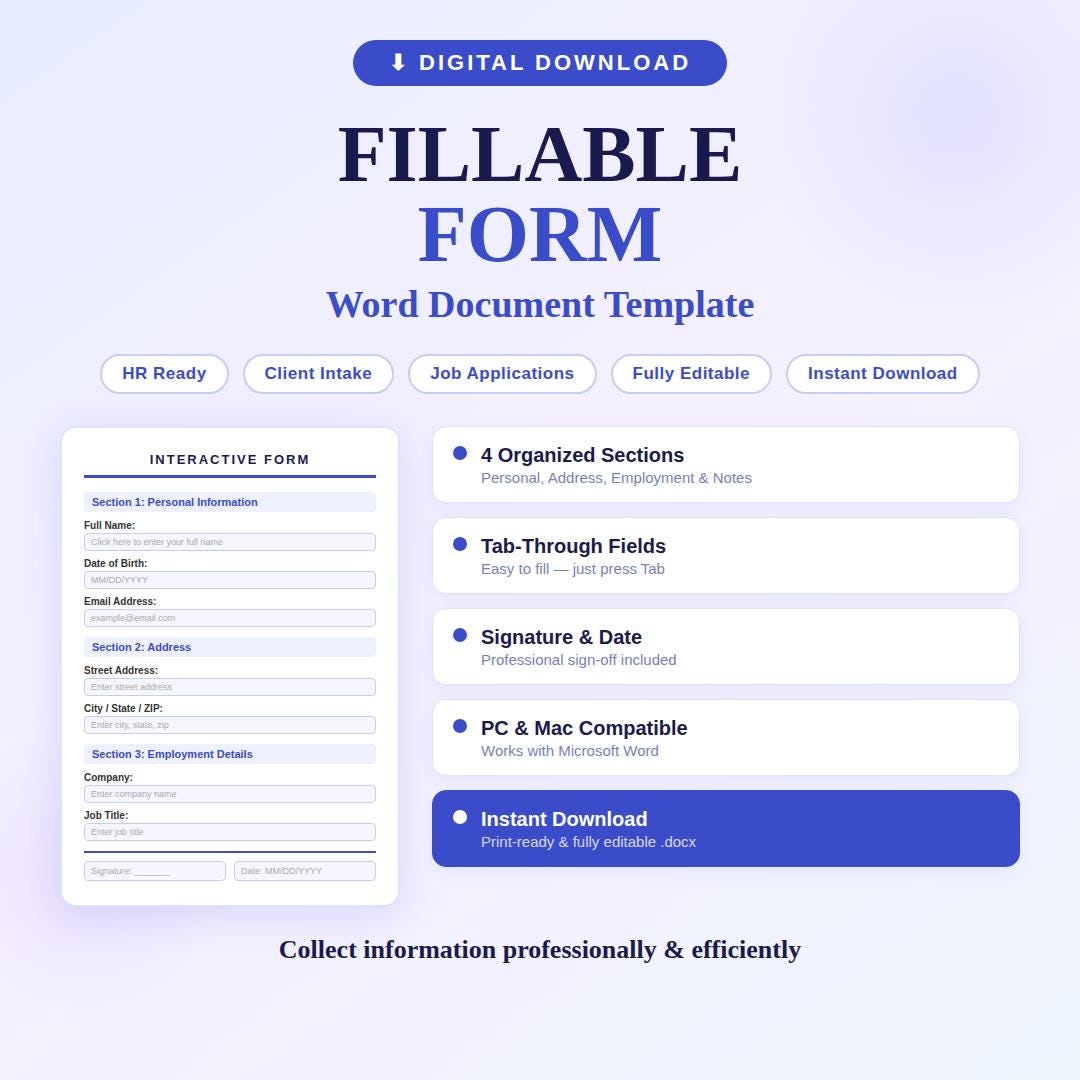 Editable Client Intake & Information Form | Word Document Template ...