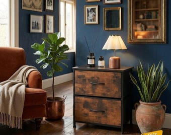 Rustic Nightstand with 2 Fabric Drawers