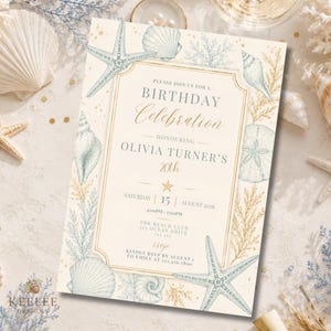 May include: A rectangular birthday invitation card featuring a cream background with illustrations of blue starfish, seashells, and gold coral. The text reads: PLEASE JOIN US FOR A BIRTHDAY CELEBRATION HONOURING OLIVIA TURNER'S 20th SATURDAY 15 AUGUST 2026.