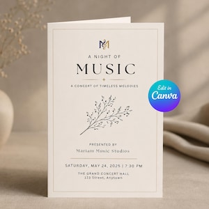 Könnte beinhalten: Eine cremefarbene Konzertprogrammkarte mit dem Text A NIGHT OF MUSIC, A CONCERT OF TIMELESS MELODIES, präsentiert von Mariam Music Studios am Samstag, den 24. Mai 2025, um 19:30 Uhr in der Grand Concert Hall, 123 Street, Anytown.