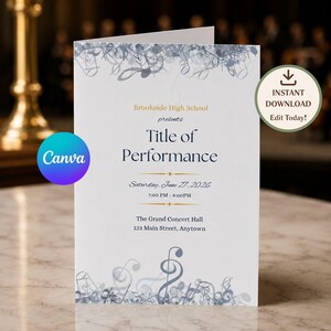 May include: A white folded concert program template featuring blue musical notes at the top and bottom. Text reads: Brookside High School presents Title of Performance, Saturday, June 27, 2026, 7:00 PM - 8:00 PM, The Grand Concert Hall, 123 Main Street, Anytown.