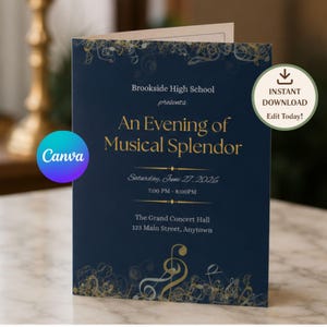 Può includere: Un cartoncino piegato blu scuro con testo dorato che recita Brookside High School presents An Evening of Musical Splendor, Saturday, June 27, 2026, 7:00 PM - 8:00 PM, The Grand Concert Hall, 123 Main Street, Anytown con note musicali dorate.
