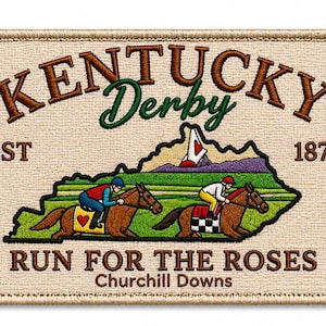 May include: Embroidered patch featuring the words "Kentucky Derby" in brown and green, with "Run for the Roses" below. The patch depicts two horses with jockeys racing, and the outline of Kentucky. The year 1875 is also included.