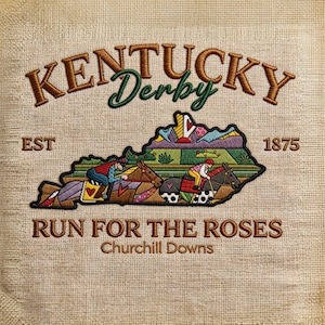 May include: Embroidered patch featuring the words "Kentucky Derby" above a colorful depiction of the state of Kentucky with two jockeys on horseback. The text "Run for the Roses" and "Churchill Downs" are also included. The patch is on a tan fabric.