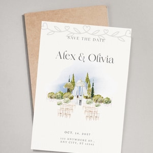 Könnte beinhalten: Eine Hochzeitseinladung im Aquarellstil mit dem Text "Save the Date" und den Namen "Alex & Olivia". Die Einladung zeigt eine Szene mit einem Pavillon, Bäumen und Sitzgelegenheiten. Das Datum "14. Oktober 2027" und Adressdetails sind ebenfalls enthalten.