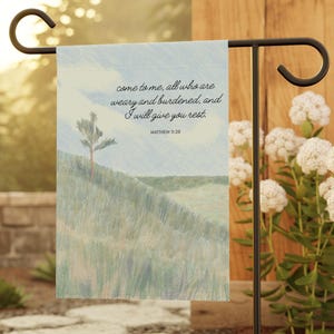 Matthieu 11:28 Drapeau du jardin des Écritures, bannière de paysage de prairie | Décoration de jardin, décoration de jardin religieuse, drapeau de jardin religieux, cadeau religieux