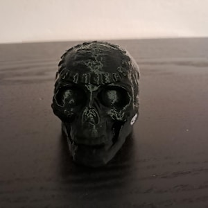 May include: A dark green skull figurine with detailed facial features. The skull is resting on a dark surface. The figurine has a textured surface and is likely made of plastic or resin.