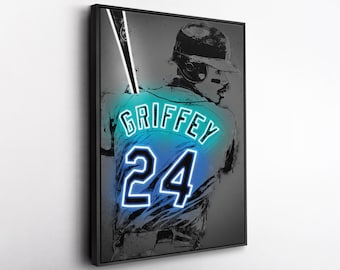 Ken Griffey Jr Seattle Mariners Canvas Art Print, Neon Baseball Wall Poster, MLB Legend Decor, Sports Fan Man Cave Gift, Mariners Fan Art