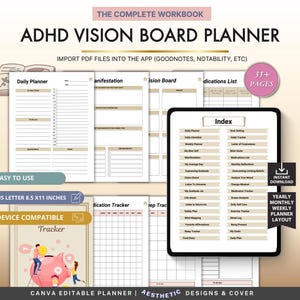 Könnte beinhalten: ADHS Vision Board Planer mit rosa und weißem Cover, mit Tagesplaner, Manifestations- und Vision Board-Abschnitten. Enthält einen digitalen Index und ist gerätekompatibel. Der Planer ist 21,6 x 27,9 cm groß.