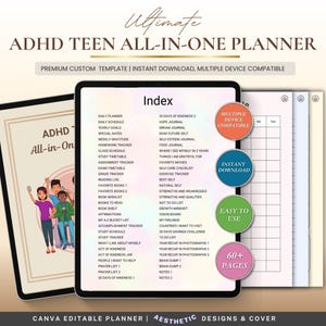 Op de afbeelding: Een ADHD Teen All-in-One Planner, met een digitale tablet met een index van onderwerpen over zelfzorg en studie. De planner bevat secties voor dagschema's, doelen en zelfreflectie. De tekst op de tablet luidt "ADHD Teen All-in-One".