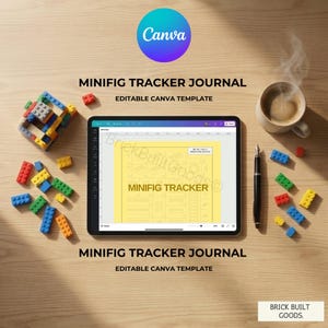 Può includere: Un tablet che mostra un modello di diario "Minifig Tracker", circondato da mattoncini colorati, una penna e una tazza di caffè. Il testo "Minifig Tracker Journal" e "Editable Canva Template" sono visibili. Il logo Canva è in alto a sinistra.