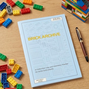 May include: A light blue "Brick Archive" collection log and inventory tracker for brick enthusiasts, with colorful toy bricks scattered around. A multi-colored brick structure and a pen are also present. The text "Brick Built Goods" is visible.