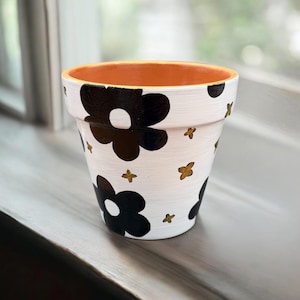 Black Flowers - Hand-Painted Terracotta Pot – 4” Small Plant Planter, Gold & White