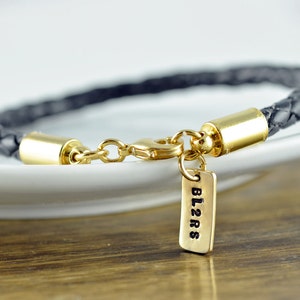Personalized Mens Gold and Leather Bracelet,Gift for him, Black leather bracelet, Fathers Day Gift, Custom initial bracelet