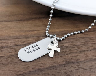 Mens Cross Necklace, Mens Jewelry, Hand Stamped Pendant Necklace, Mens Gift, Tag Necklace, Personalized Jewelry, Dog Tag Necklace