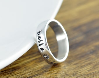 Personalized Ring - Dog Mom Ring - Paw Print Ring - Hand Stamped Ring - Dog Lover Jewelry - Name Ring, Stackable Rings