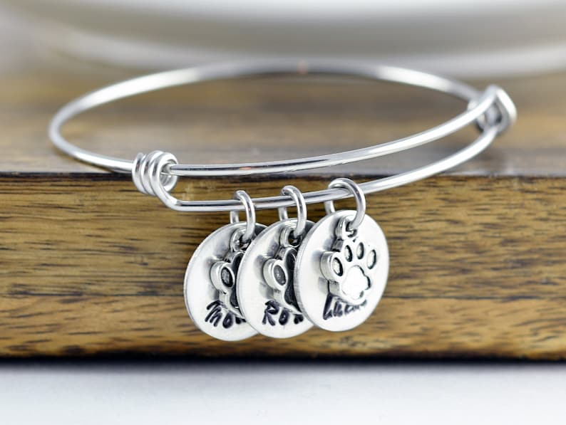 Dog Bracelet, Personalized Bangle Bracelet, Paw Print Bracelet, Pet Memorial Bracelet, Dog Lover Gift, Pet Lover Gift, Christmas Gifts image 1