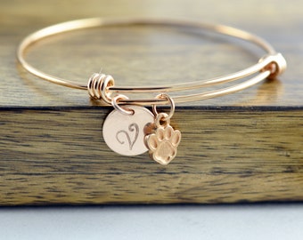 Dog Paw Bracelet, Dog Paw Jewelry, Dog Mom Gift, Personalized Initial Bracelet, Personalized Rose Gold Bracelet, Dog Paw Charm, Gift for Her