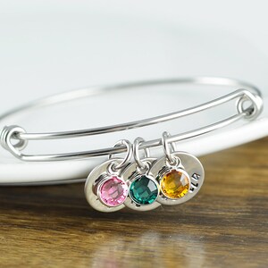Personalized Bracelet - Kids Names Bangle - Birthstone Jewelry - Bangle Bracelet, Hand Stamped Jewelry, Charm Bracelet, Mom Bracelet