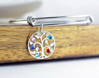 Silver Family Tree Bracelet - Mother's Bracelet - Birthstone Bracelet - Birthstone Jewelry - Grandmother Bracelet - Mothers Day Gift
