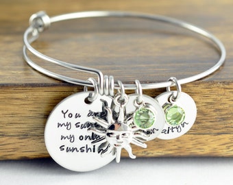 You Are My Sunshine Bangle Bracelet, Hand Stamped Bangle Bracelet, You are my Sunshine Jewelry, Charm Bracelet, Sunshine Gift