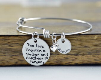 The Love Between And Mother And Daughter, Hand Stamped Bangle Bracelet, Mother/Daughter Bracelet, Bangle Charm Bracelet, Name Bracelet