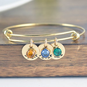 Mom Bangle Bracelet - Personalized Birthstone Name Charm Bracelet - Hand Stamped Bangle Bracelet - Personalized Bracelet - Gold Bracelet