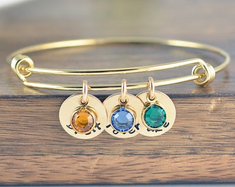 Mom Bangle Bracelet - Personalized Birthstone Name Charm Bracelet - Hand Stamped Bangle Bracelet - Personalized Bracelet - Gold Bracelet